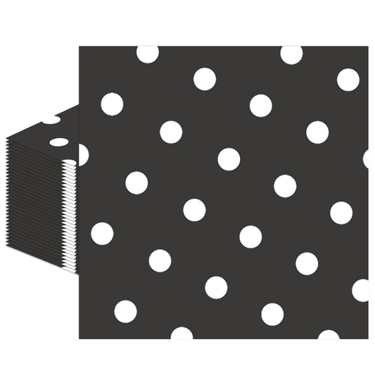50pcs White Polka Dot Black Napkins, Disposable 2-Ply Cocktail & Happy Birthday Napkins, Polka Dot Party Decorations for Wedding Baby Shower Birthday Bridal Party