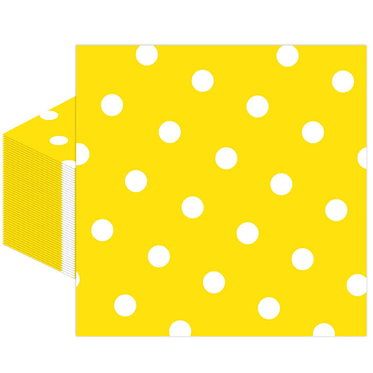 50pcs White Polka Dot Yellow Napkins, Disposable 2-Ply Cocktail & Happy Birthday Napkins, Polka Dot Party Decorations for Wedding Baby Shower Birthday Bridal Party