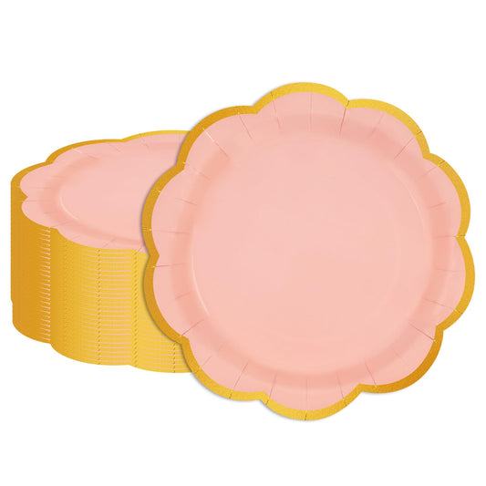 EVYIENEN 50 Pcs Pink Paper Plates,7 Inches Gold Foil Disposable Scalloped Paper Party Plates for Cake Dessert Halloween Fall Thanksgiving Birthday Wedding Baby Shower Party Decorations