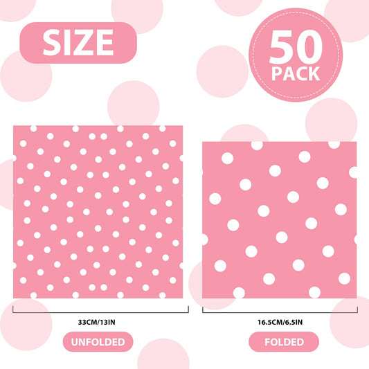 50pcs White Polka Dot Pink Napkins, Disposable 2-Ply Cocktail & Happy Birthday Napkins, Polka Dot Party Decorations for Wedding Baby Shower Birthday Bridal Party