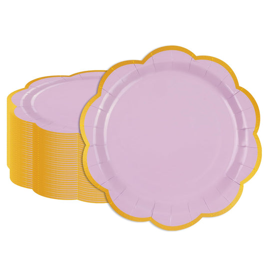 EVYIENEN 50 Pcs Purple Paper Plates,7 Inches Gold Foil Disposable Scalloped Paper Party Plates for Cake Dessert Halloween Fall Thanksgiving Birthday Wedding Baby Shower Party Decorations