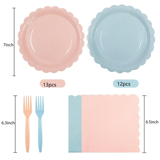 75 Pcs Pink & Blue Scalloped Paper Plates, Napkins & Forks Set – Disposable Tableware for Baby Shower, Bridal Shower & Weddings, Serves 25 (7 Inch)