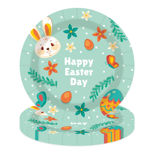 50Pcs Happy Easter Paper Plates, 7 Inch Green Bunny and Egg Dessert Plates for Spring and Easter Party