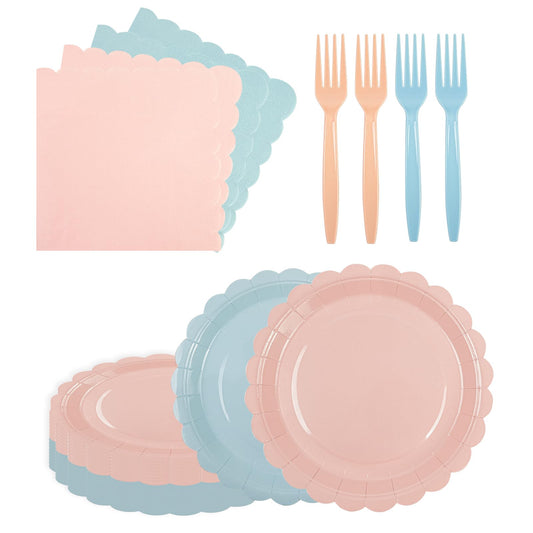 75 Pcs Pink & Blue Scalloped Paper Plates, Napkins & Forks Set – Disposable Tableware for Baby Shower, Bridal Shower & Weddings, Serves 25 (7 Inch)