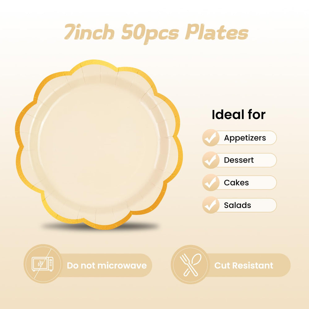 50 Pcs Ivory Scalloped Paper Plates – 7 Inch Gold Foil Dessert Plates for Weddings, Showers & Tea Parties — image 4