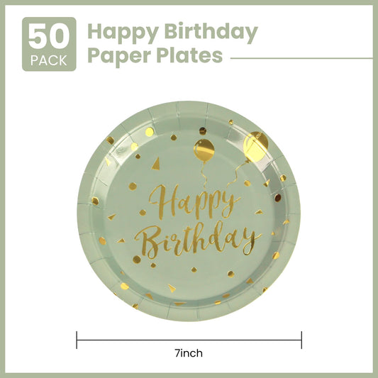 50 Pack Sage Green and Gold Happy Birthday Paper Plates, 7 inch Metallic Foil Polka Dots Disposable Dessert Party Supplies Plates for Graduation St Patricks Wedding Holiday Christma Party Decorations