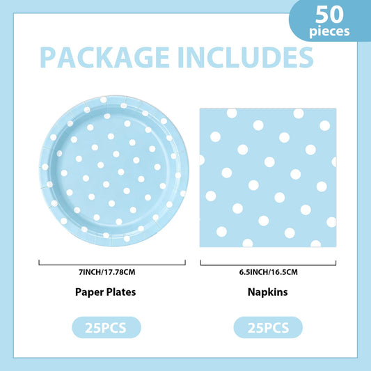 EVYIENEN 50PCS Blue Polka Dot Paper Plates and Napkins Party Supplies, Blue and White Party Plates and Napkins Tableware Set for Birthday Bridal & Baby Shower Wedding Party Decoration