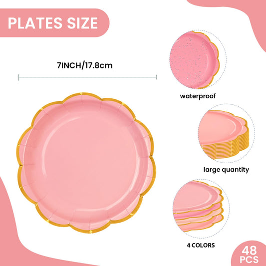 48 Pcs Pink Scalloped Paper Plates,7 Inch Gradient Pink Dessert Party Plates with Gold Foil Disposable Cake Plate Decorative Dinner Serving Plate for Birthday Wedding Graduation Party Supplies