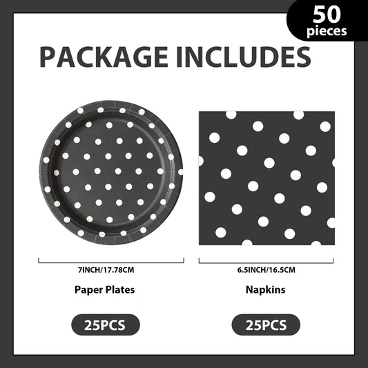 EVYIENEN 50PCS Black Polka Dot Paper Plates and Napkins Party Supplies, Black and White Party Plates and Napkins Tableware Set for Birthday Bridal & Baby Shower Wedding Party Decoration
