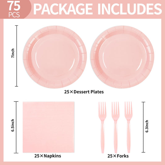 75PCS Paper Plates and Napkins Set, Pink Party Supplies Disposable Dinnerware Includes Paper Plates Napkins Forks Decorations for Birthday,Weddings