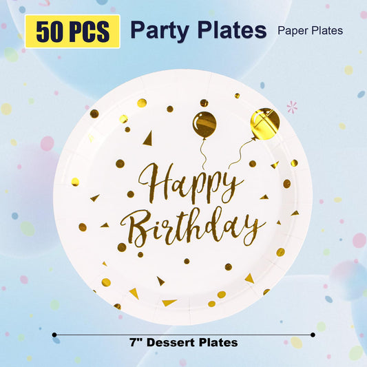 EVYIENEN Paper Plates, 50pcs Disposable Dessert Plates, White Gold Polka Dots, Biodegradable, Round, 7inch, for Birthday Decorations Party