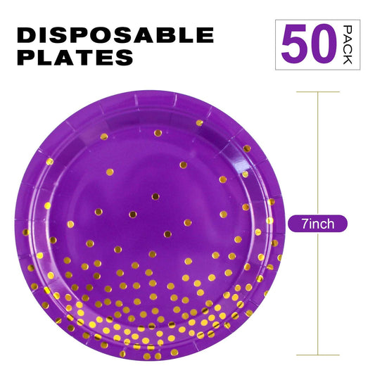 EVYIENEN 50 Pcs Purple and Gold Paper Plates, 7 inch Halloween Disposable Dessert Party Plates Party Supplies for Halloween Fall Thanksgiving Birthday Wedding Party Decorations