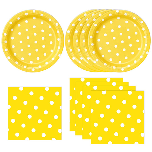 EVYIENEN 50PCS Yellow Polka Dot Paper Plates and Napkins Party Supplies, Yellow and White Party Plates and Napkins Tableware Set for Birthday Bridal & Baby Shower Wedding Party Decoration
