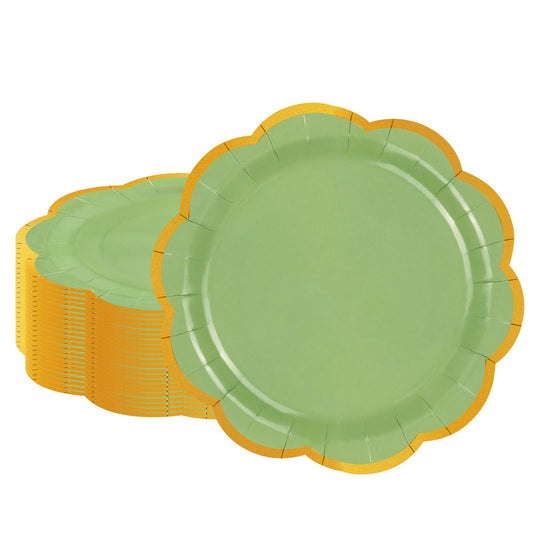 EVYIENEN 50 Pcs Sage Green Paper Plates,7 Inches Gold Foil Disposable Scalloped Paper Party Plates for Cake Dessert Halloween Fall Thanksgiving Birthday Wedding Baby Shower Party Decorations