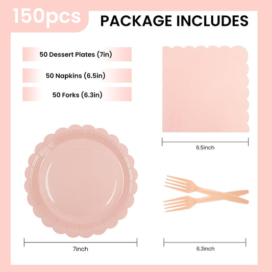 150Pcs Pink Paper Plates and Napkins,50 Guest Pink Scalloped Paper Tableware Forks Disposable Dinnerwaret Kit for Baby Shower Bridal Wedding Birthday Valentine Party New Year Decorations (7inch)