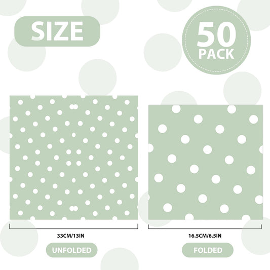 50pcs White Polka Dot Sage Green Napkins, Disposable 2-Ply Cocktail & Happy Birthday Napkins, Polka Dot Party Decorations for Wedding Baby Shower Birthday Bridal Party