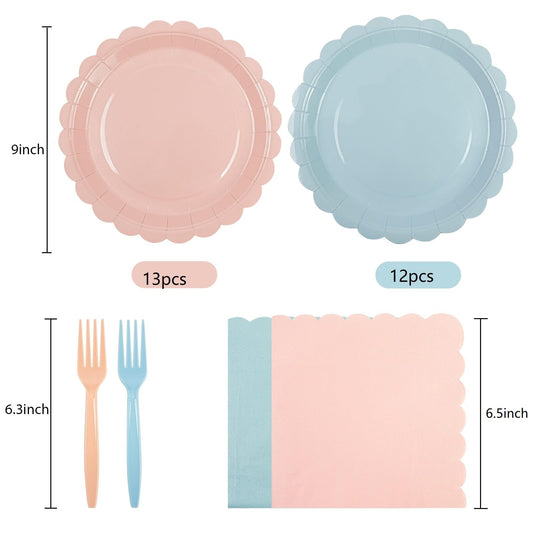 75 Pcs Pink & Blue Scalloped Paper Plates, Napkins & Forks Set – Disposable Tableware for Baby Shower, Bridal Shower & Weddings, Serves 25 (9 Inch)