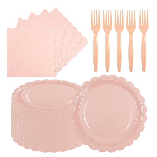 150Pcs Pink Paper Plates and Napkins,50 Guest Pink Scalloped Paper Tableware Forks Disposable Dinnerwaret Kit for Baby Shower Bridal Wedding Birthday Valentine Party New Year Decorations (7inch)