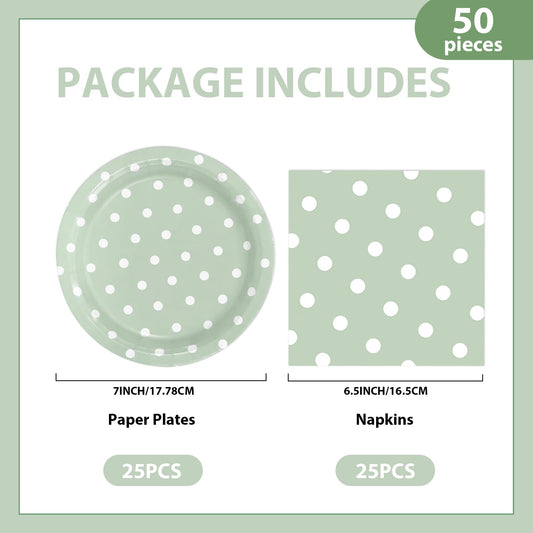 EVYIENEN 50PCS Sage Green Polka Dot Paper Plates and Napkins Party Supplies, Green and White Party Plates and Napkins Tableware Set for Birthday Bridal & Baby Shower Wedding Party Decoration