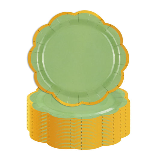 EVYIENEN 50 Pcs Sage Green Paper Plates,9 Inches Gold Foil Disposable Scalloped Paper Party Plates for Cake Dessert Halloween Fall Thanksgiving Birthday Wedding Baby Shower Party Decorations