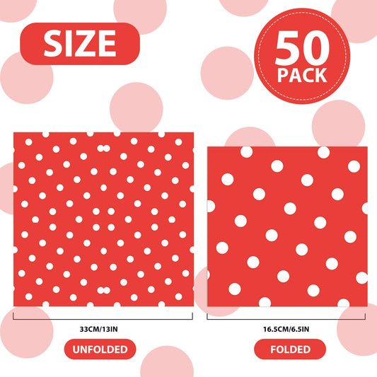 50pcs White Polka Dot Red Napkins, Disposable 2-Ply Cocktail & Happy Birthday Napkins, Polka Dot Party Decorations for Wedding Baby Shower Birthday Bridal Party