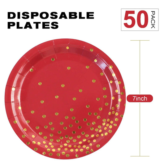 EVYIENEN 50 Pack Red and Gold Paper Plates, 7 inch Metallic Foil Polka Dots Disposable Dessert Party Plates, Perfect for Graduation, Birthday, Weddings, Holiday, Christmas