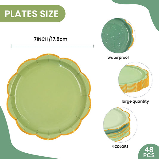 48 Pcs Sage Green Scalloped Paper Plates,7 Inch Gradient Green Dessert Party Plates with Gold Foil Disposable Cake Plate Decorative Dinner Serving Plate for Birthday Wedding Graduation Party Supplies