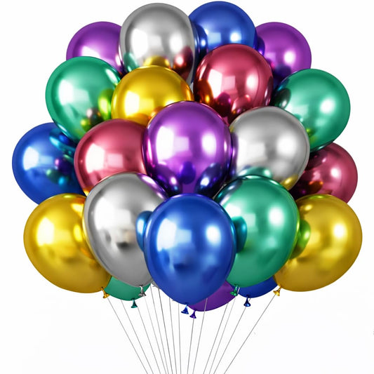 Dream Decor Celebrating Life's Moments Balloon Bouquet Kit, 50 Pack Assorted Latex Balloons with 3 Ribbons, Gold, Purple, Blue, Green, Red & Silver, Party Decorations (Multicolor Metallic)
