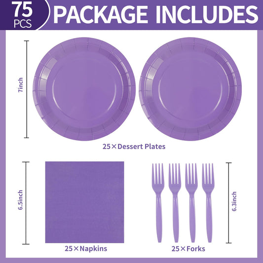 75Pcs Purple Paper Plates and Napkins Party Supplies Set,Purple Disposable Plates Party Supplies Includes Paper Napkins Forks Decorations for Birthday,Halloween,Christmas,Pumpkin,Fall,Serves 25