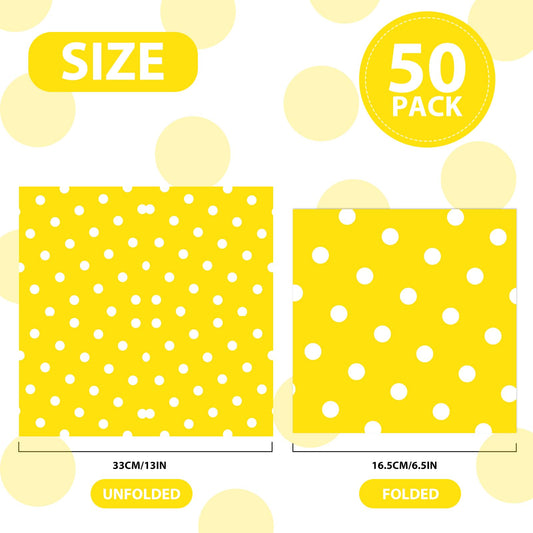 50pcs White Polka Dot Yellow Napkins, Disposable 2-Ply Cocktail & Happy Birthday Napkins, Polka Dot Party Decorations for Wedding Baby Shower Birthday Bridal Party