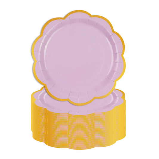 EVYIENEN 50 Pcs Purple Paper Plates,9 Inches Gold Foil Disposable Scalloped Paper Party Plates for Cake Dessert Halloween Fall Thanksgiving Birthday Wedding Baby Shower Party Decorations