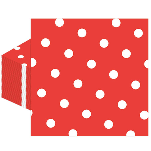 50pcs White Polka Dot Red Napkins, Disposable 2-Ply Cocktail & Happy Birthday Napkins, Polka Dot Party Decorations for Wedding Baby Shower Birthday Bridal Party