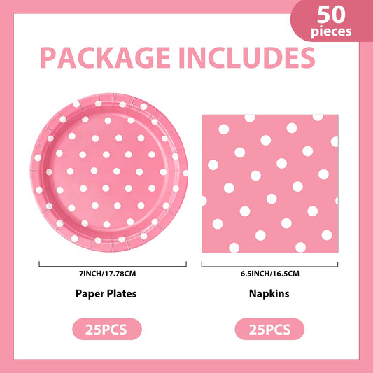 EVYIENEN 50PCS Pink Polka Dot Paper Plates and Napkins Party Supplies, Pink and White Party Plates and Napkins Tableware Set for Birthday Bridal & Baby Shower Wedding Party Decoration