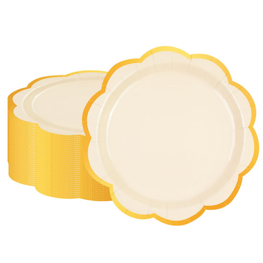 50 Pcs Yellow Scalloped Paper Plates – 9 Inch Gold Foil Party Plates for Birthdays, Weddings & Baby Showers