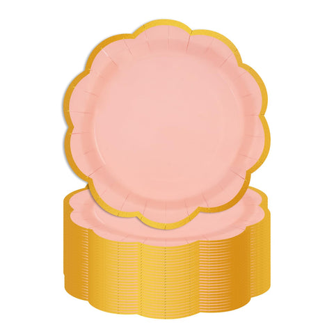EVYIENEN 50 Pcs Pink Paper Plates,9 Inches Gold Foil Disposable Scalloped Paper Party Plates for Cake Dessert Halloween Fall Thanksgiving Birthday Wedding Baby Shower Party Decorations