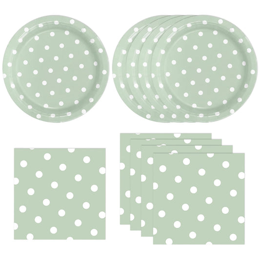 EVYIENEN 50PCS Sage Green Polka Dot Paper Plates and Napkins Party Supplies, Green and White Party Plates and Napkins Tableware Set for Birthday Bridal & Baby Shower Wedding Party Decoration
