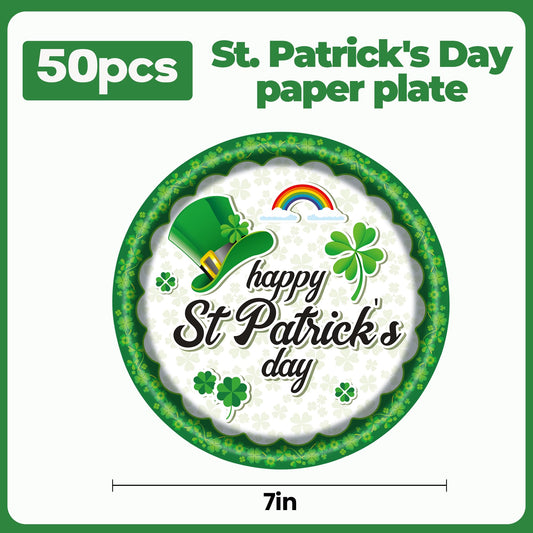 EVYIENEN 50PCS St. Patrick's Day 7-Inch Paper Plates - Green and White Lucky Shamrock Dessert Plates, Disposable Dinner Decorations for St. Patrick's Day Irish Party Supplies