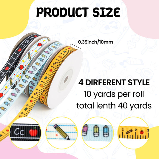 4 Rolls Back to School Ribbon for Crafts Wreath Bows Teacher Ribbon Ruler Ribbons for Wrapping Teacher Appreciation Gift School Theme Grosgrain Ribbons for DIY Supplies Party Supplies