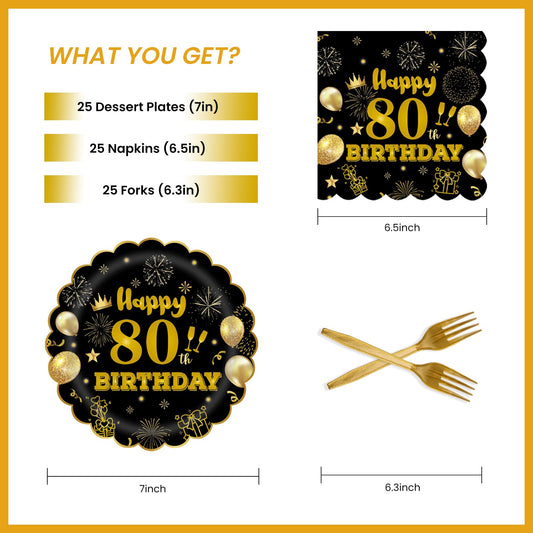 EVYIENEN 75 PCS 80th Birthday Party Supplies Paper Plates and Napkins, Black and Gold 80th Birthday Plates Napkins Tableware Set for Boys Men Tableware Set Decorations