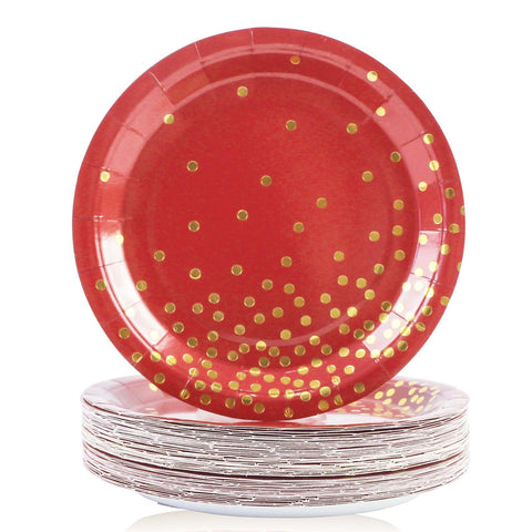 EVYIENEN 50 Pack Red and Gold Paper Plates, 7 inch Metallic Foil Polka Dots Disposable Dessert Party Plates, Perfect for Graduation, Birthday, Weddings, Holiday, Christmas
