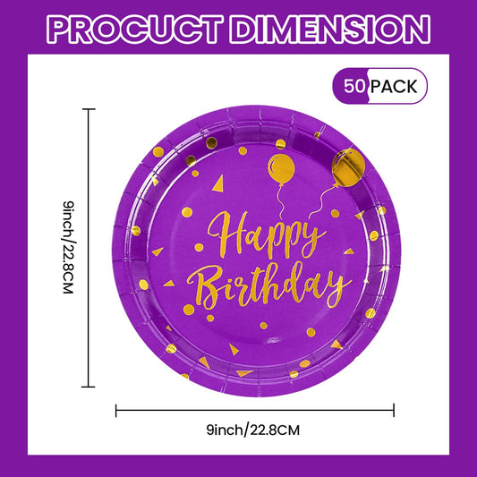 50 Pcs Purple and Gold Paper Plates,9 inch Halloween Paper Plates Disposable Happy Birthday Dessert Cake Plate Party Supplies for Halloween Fall Thanksgiving Birthday Wedding Party Decorations