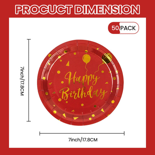 EVYIENEN 50 Pack Happy Birthday Red and Gold Paper Plates, 7 inch Metallic Foil Polka Dots Disposable Dessert Party Supplies for Graduation Wedding Holiday Christma Party Decorations