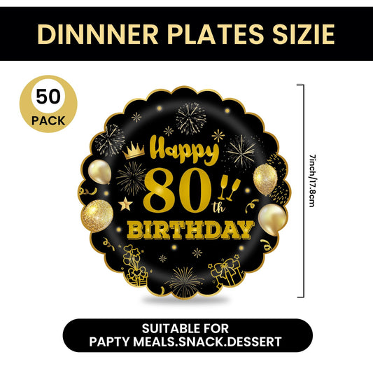 EVYIENEN 50Pcs 80th Birthday Party Paper Plates,7inch Disposable Black and Gold Scalloped Dessert Party Plates for Birthday Wedding Anniversary Reception Event Decorations