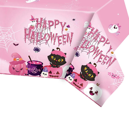 108×54Inch Halloween Tablecloth, Halloween Decorations Indoor Outdoor Happy Boo Pumpkin Bat Skeleton Candy Disposable Plastic Waterproof Tablecover for Table Decor Backdrop Banner Party Supplies