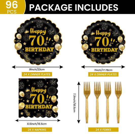 EVYIENEN 96Pcs 60th Birthday Party Tableware Set,Back in 1965 Birthday Party Decorations Supplies, Disposable Black and Gold 60th Birthdays Paper Plates Napkins Forks Favors for Men Women, Serve 24