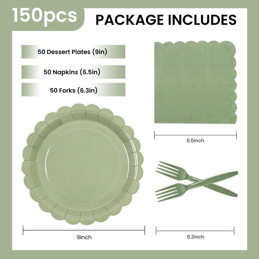 150Pcs Sage Green Paper Plates and Napkins,50 Sage Green Guest Scalloped Paper Tableware Forks Disposable Dinnerwaret Kit for Baby Shower Bridal Wedding Birthday Party New Year Decorations (9inch)