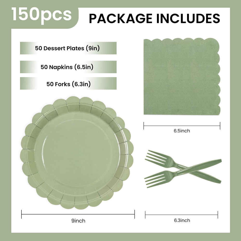 150Pcs Sage Green Paper Plates and Napkins,50 Sage Green Guest Scalloped Paper Tableware Forks Disposable Dinnerwaret Kit for Baby Shower Bridal Wedding Birthday Party New Year Decorations (9inch) — image 2