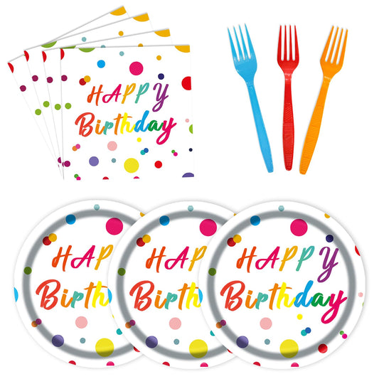 75Pcs Happy Birthday Dots Plates and Napkins Party Supplies,7 Inch Dots Paper Plates and 6.5 Inch Napkins with 6.3 Inch Forks Disposable Tableware Set for Birthday Party Decorations,Serve 25