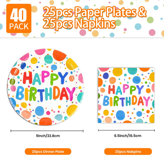 40PCS Happy Birthday Party Plates and Napkins,Includes Disposable Paper Plates and Napkins Birthday Dots Design Party Supplies for Adults and Kids Decorations (20 Guests )