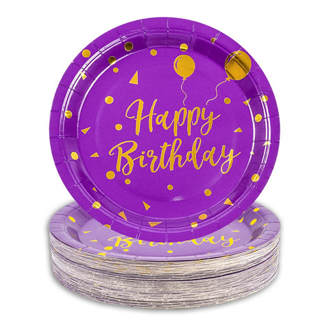 50 Pcs Purple and Gold Paper Plates,9 inch Halloween Paper Plates Disposable Happy Birthday Dessert Cake Plate Party Supplies for Halloween Fall Thanksgiving Birthday Wedding Party Decorations